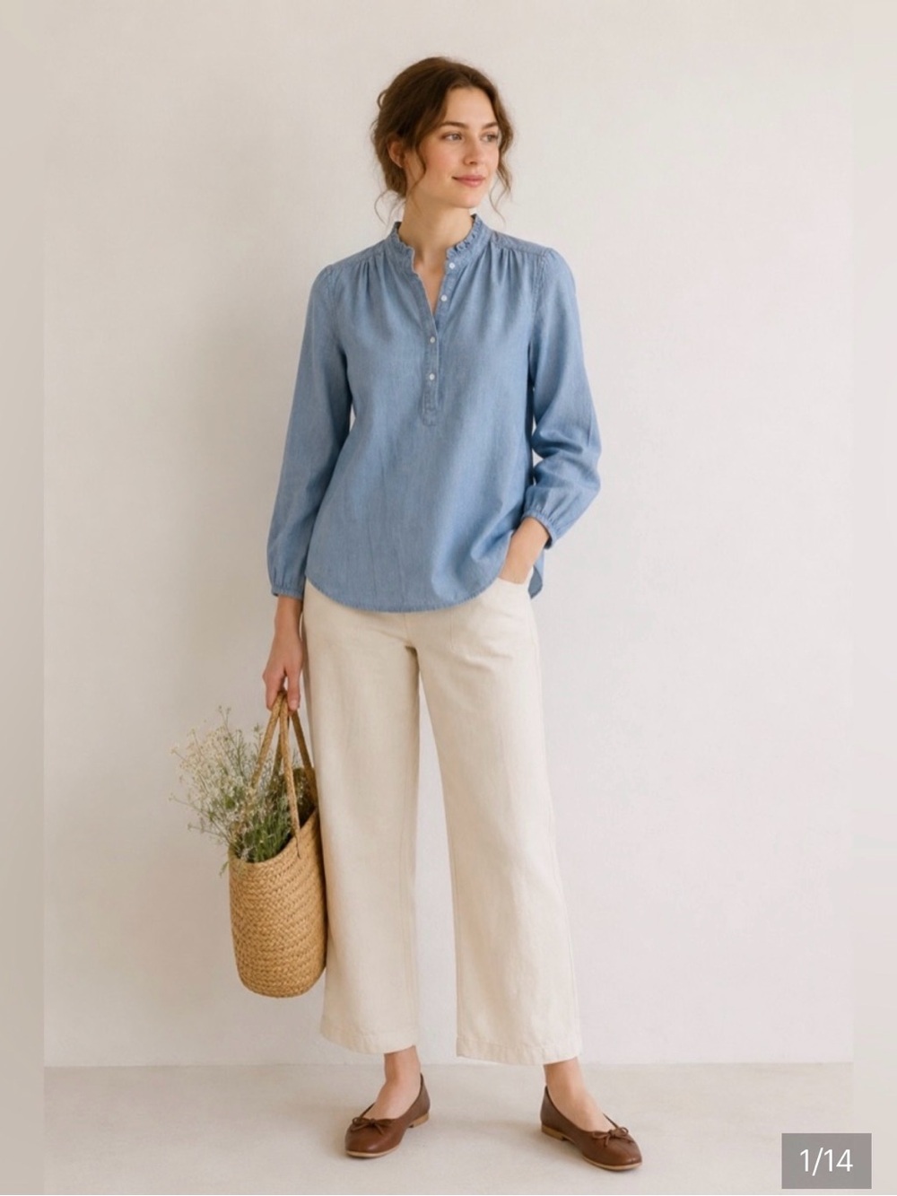 TROVATA Birds of Paradis Sarah B Henley Chic Chambray Long Sleeve Blouse Medium